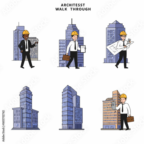 Cartoon illustration of diverse male architects and engineers in hard hats walking with blueprints and documents against a backdrop of city skyscrapers.