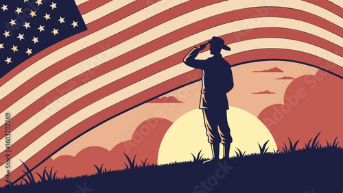 Soldier Silhouette Saluting American Flag at Sunset