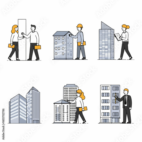 Real Estate Professionals, Architects, and Engineers Working with Buildings and Urban Development, Illustrated in a Modern Line Art Style.