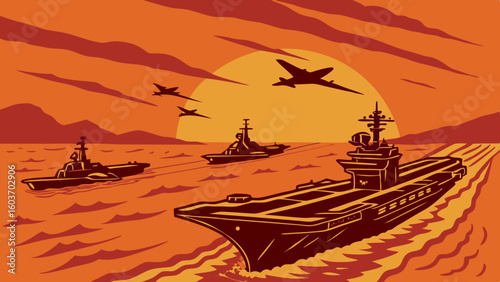 Sunset Naval Fleet Formation with Aircraft Over Ocean Horizon