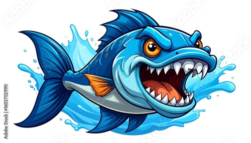 Angry cartoon fish in water splash
