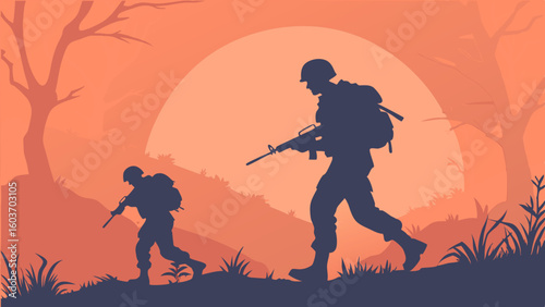Soldiers Walking Through Battlefield at Sunset Silhouette Scene