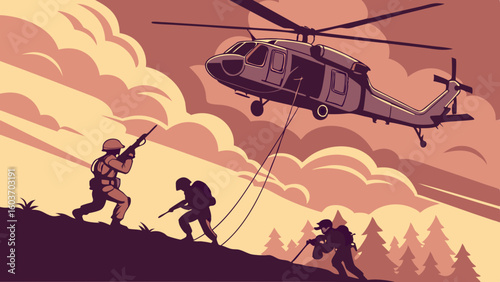 Tactical Military Operation Helicopter Insertion Soldiers in Action