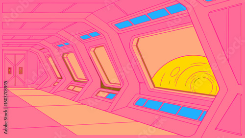 Futuristic Space Station Corridor with Vibrant Cosmic View