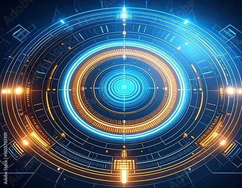 Abstract circular graphic with concentric rings and glowing lines in blue and gold