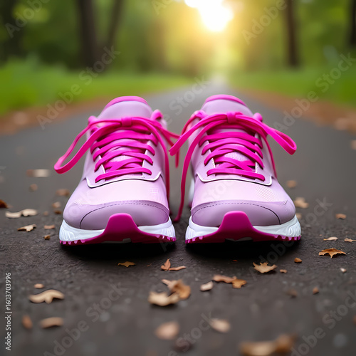 Breast Cancer Awareness, A pair of running shoes with pink laces on a park trail, representing a charity walk