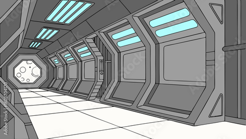 Sleek Futuristic Starship Corridor Interior with Ambient Blue Lighting
