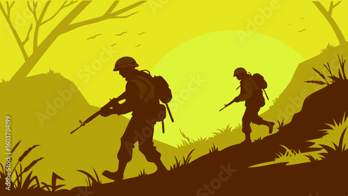 Silhouetted Soldiers Patrolling Rugged Hill at Sunrise