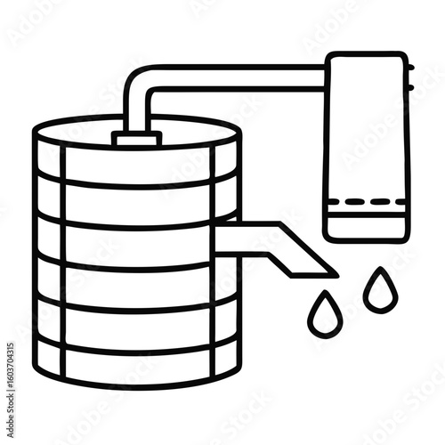 Silhouette of a Rainwater Harvesting Barrel With Pipes and Drops at Dusk