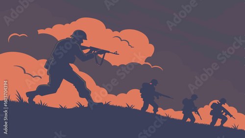 Silhouetted Soldiers Advancing on Hilltop: A Tactical Warfare Scene