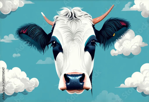 Stylized Cow Portrait with Cloudy Sky – AI Vector Farm Animal Illustration