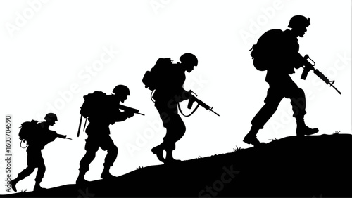 Silhouetted Soldiers Marching Uphill – Military Patrol Teamwork