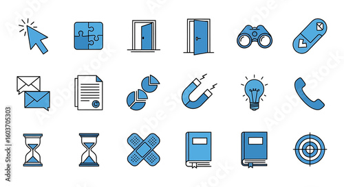 Collection of Blue Icon Illustrations Representing Various Concepts and Ideas.