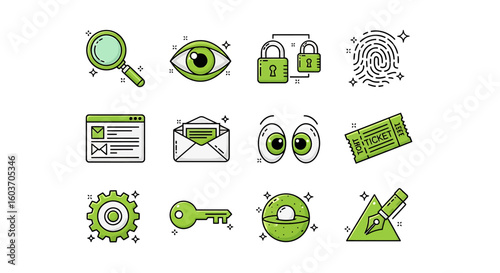 Collection of Green Icons Representing Security, Information, and Access.
