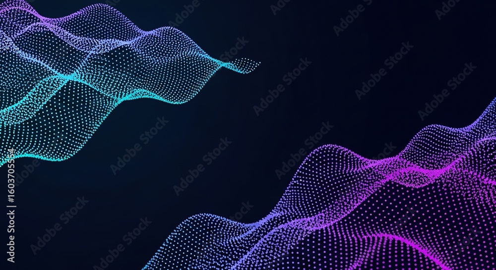 Fototapeta premium Abstract digital landscape of glowing neon particles forming wavy structures on a dark background
