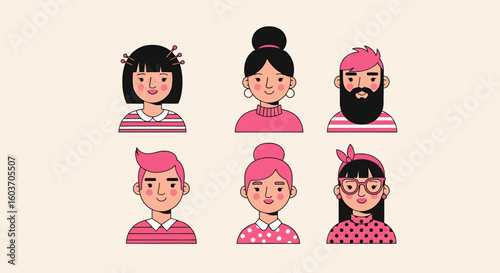 Diverse cartoon people with pink accents and varied hairstyles, wearing pink and white clothing