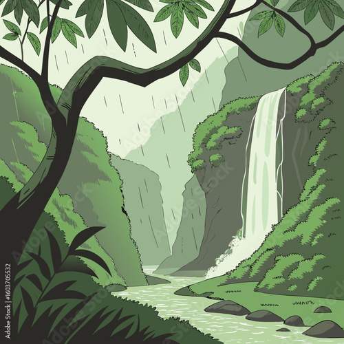 Lush Green Forest Soaked by Monsoon Rains with Cat Illustration