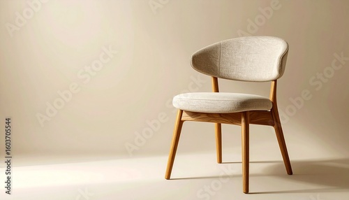 A minimalist beige upholstered chair with light wood legs sits against a neutral backdrop.