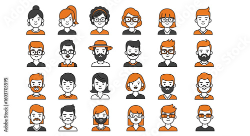 Diverse collection of stylized avatar icons featuring various hairstyles and accessories