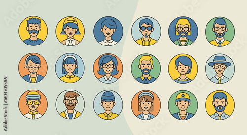 Diverse collection of stylized avatar portraits in circular frames, showcasing varied hairstyles and accessories.