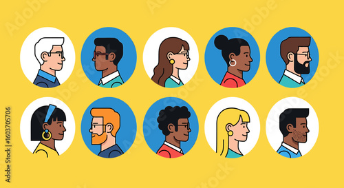 Diverse Profile Portraits in Circular Frames, Showcasing Various Hairstyles and Accessories