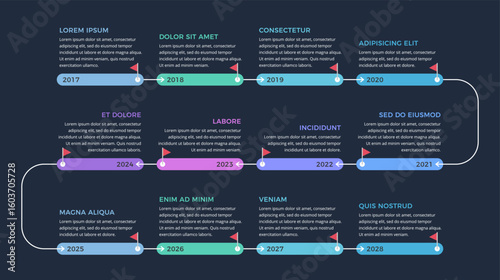 Timeline infographic template with 12 elements and arrows guiding the progression, vector eps10 illustration