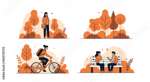 Four Autumnal Scenes: Walking, Cycling, Resting, and Conversing in a Stylized Park