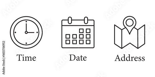 Address time date icons set. Address location icon. Stopwatch timer icon. Date Calendar icon. Black line and flat web icons.