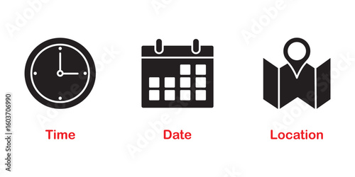 Time, date and address icon set. Calendar, clock, location. Editable stroke. Linear vector outline illustration. Vector illustration.