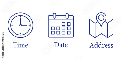 Address time date icons set. Address location icon. Stopwatch timer icon. Date Calendar icon. Black line and flat web icons.
