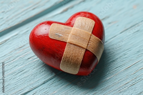 A small, red heart-shaped figurine, adorned with a beige adhesive bandage, rests on a light teal wooden surface
