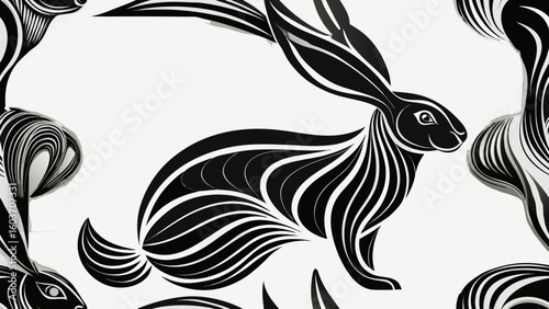 A monochrome illustration of stylized rabbits with bold black and white stripes pattern design created with generated ai