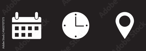 Address time date icons set. Address location icon. Stopwatch timer icon. Date Calendar icon. Black line and flat web icons.
