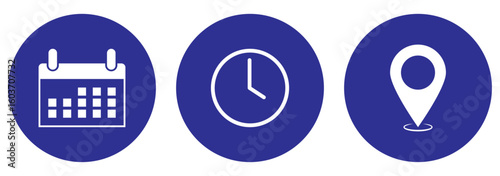 Time, date and address icon set. Calendar, clock, location. Editable stroke. Linear vector outline illustration. Vector illustration.