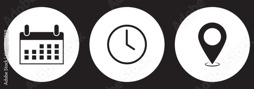 Address time date icons set. Address location icon. Stopwatch timer icon. Date Calendar icon. Black line and flat web icons.