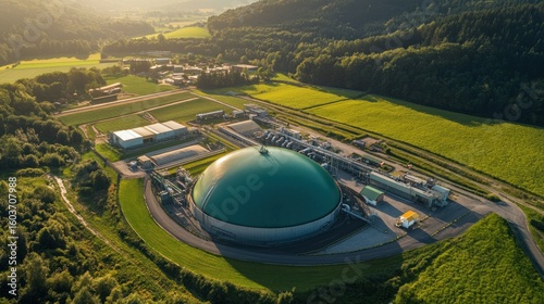 Aerial view of a large green biodigester dome in a rural landscape