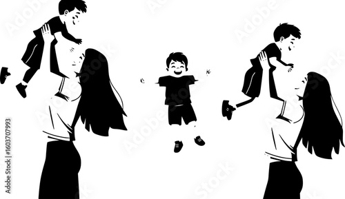 set of Mother having fun with her child vector illustration. Young mother and son spending time together. Mother lifting up her child.
