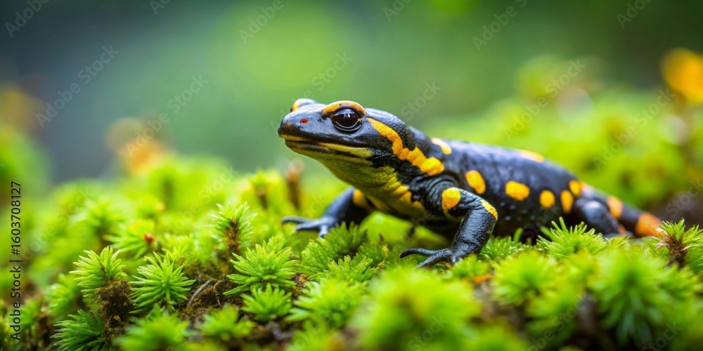 Fototapeta premium A fire salamander, a vibrant amphibian, rests amidst a bed of lush green moss, its striking yellow and black markings contrasting beautifully against the verdant backdrop.