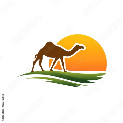 Camel silhouette against sunset over a desert landscape
