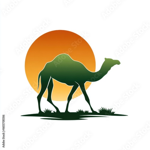 Silhouette of a camel in a desert landscape, with a large orange sun