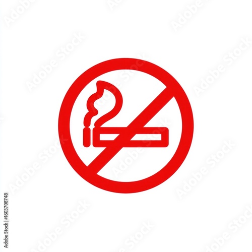 Red circle with a diagonal line prohibiting smoking.  Cigarette and smoke graphic within