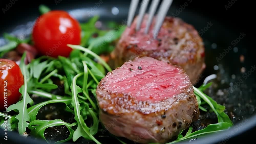 Close Up Shot of Cooked Steak with Herbs Tomatoes and Fork on Black Pan Showcasing Red Meat Texture and Culinary Preparation Close Up Shot of Cooked Steak with Herbs Tomatoes and Fork on Black Pan Showcasing Red Meat Texture and Culinary Preparation
