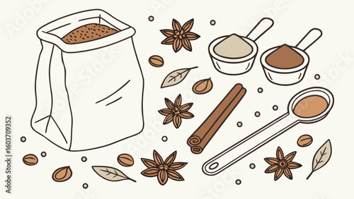 Spice ingredients vector art: cinnamon sticks, star anise, powder in bag and spoon for culinary uses