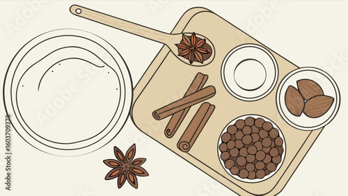 Delicious baking ingredients flat lay including cinnamon almonds spices for holiday baking ideas