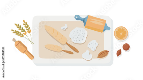 Baking bread dough recipe with rolling pin wheat orange and nuts for homemade food preparation fun time