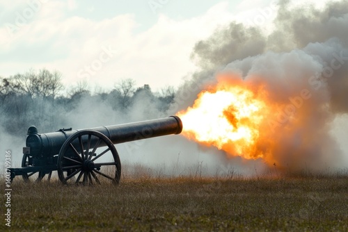 Historic cannon fires with intense explosion and smoke in a field