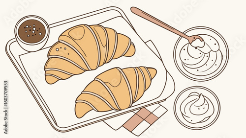 Delicious croissants with chocolate and cream dessert vector illustration for bakery and cafe menu design
