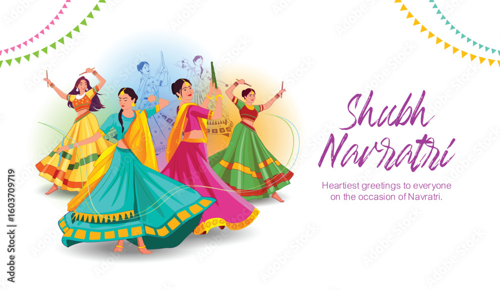 Fototapeta premium Vector illustration of beautiful Indian girls in traditional dress dancing on purple background. Navratri Festival Dance, Garba, Dandiya. 