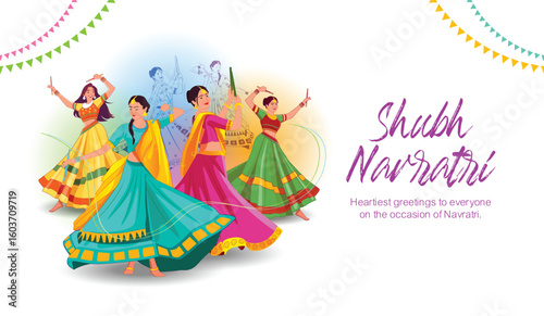Vector illustration of beautiful Indian girls in traditional dress dancing on purple background. Navratri Festival Dance, Garba, Dandiya.
