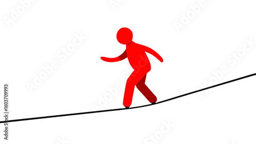 Red stick figure walking tightrope illustration for balance and risk management concept design vector art